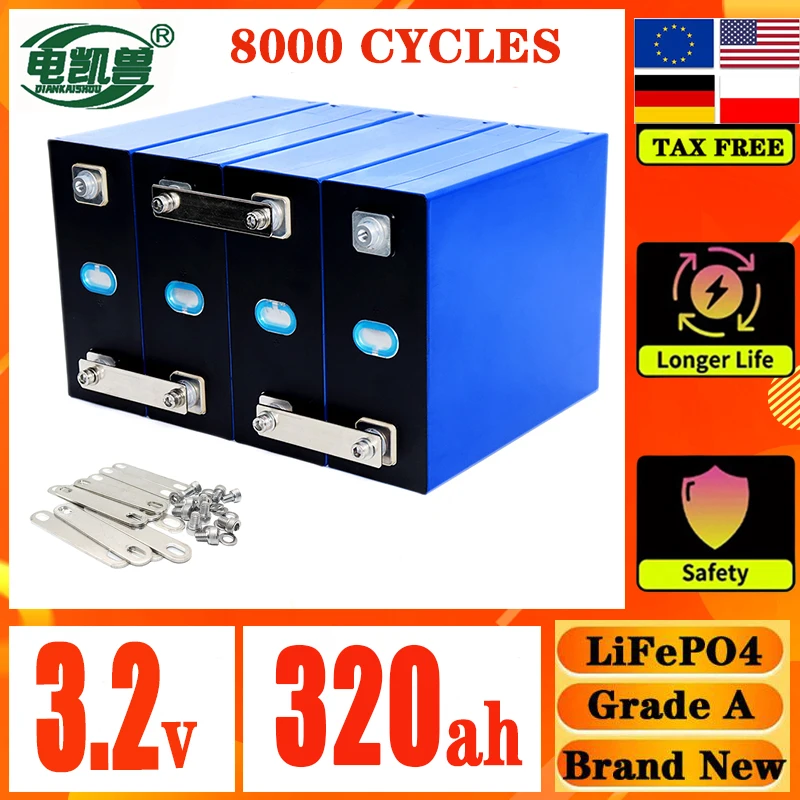 4pcs Duty free A-class brand new 320Ah 8000 cycle LiFePO4 3.2V rechargeable battery DIY 12V 24V 48V caravan yacht solar system