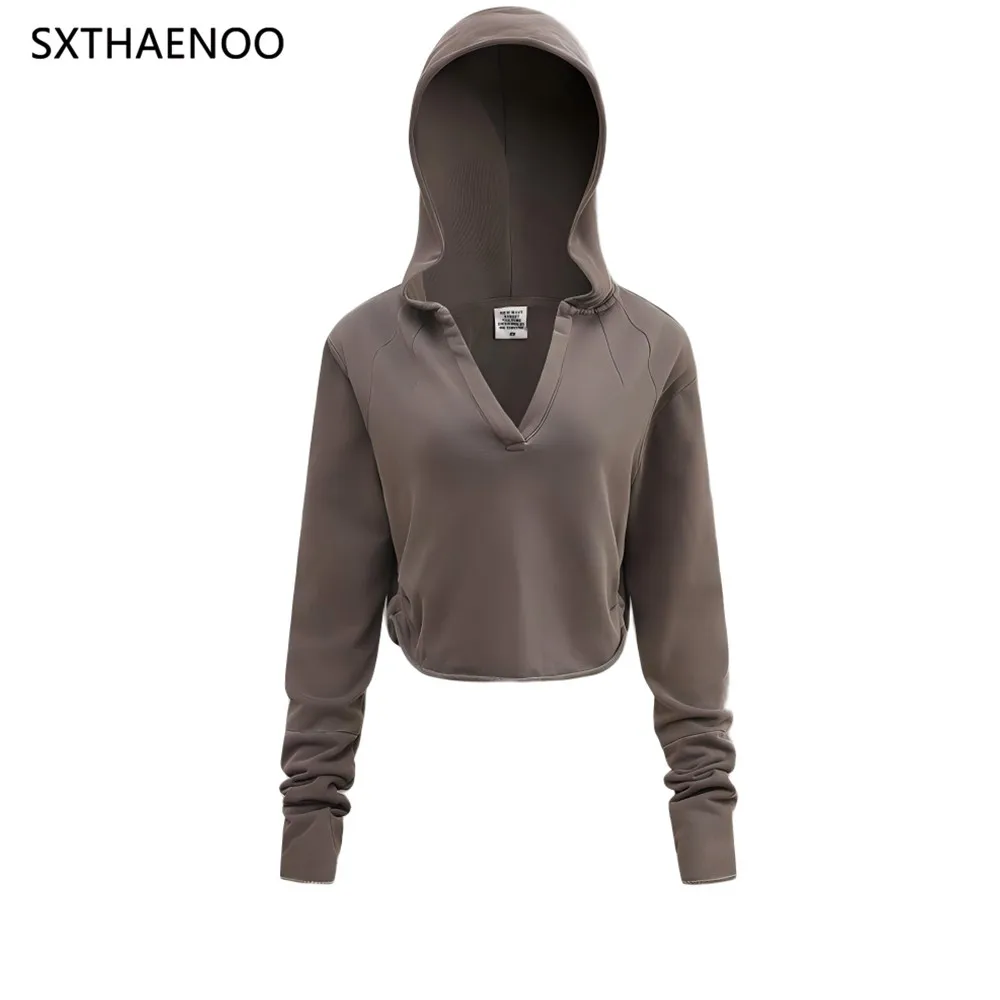 SXTHAENOO 2025 خريف جديد الأوروبية والأمريكية الرجعية التوابل فتاة الخامس الرقبة مطوي قصيرة مقنعين قميص قطني بكم طويل Soild تي شيرت المرأة #6