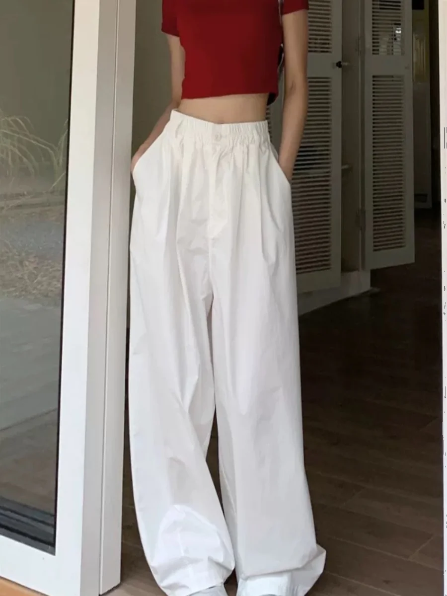 

White Cotton Wide Leg Pants Loose Fit Summer Thin Casual Style Women's Fashionable Trousers High Waist Long Pants Commute Style