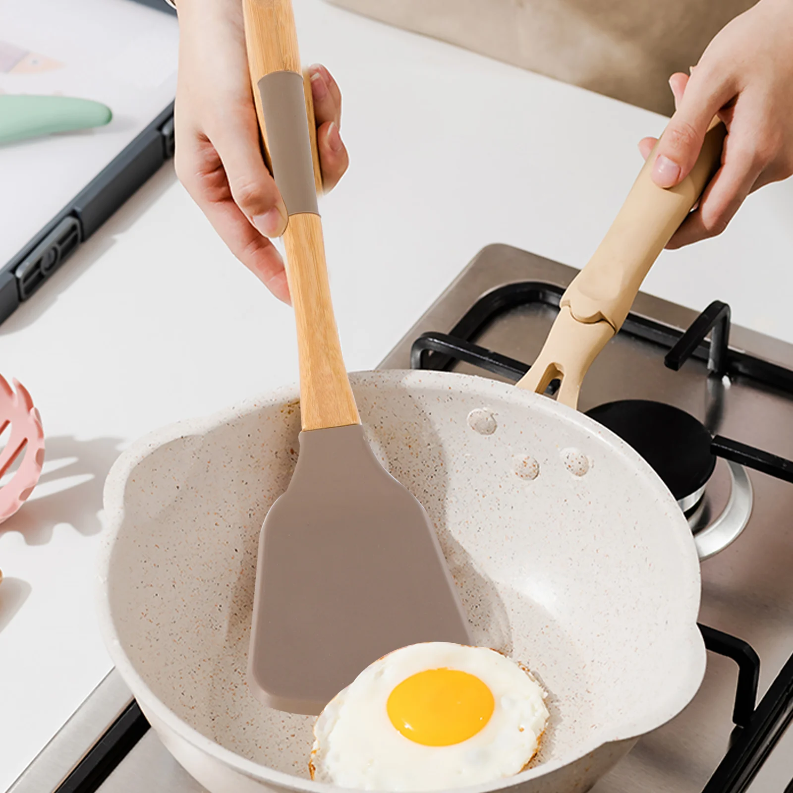 

Silicone Spatula Utensils Heat Resistant Cooking Tools Silicone Cooking Utensils Premium Wood Long Scratch Easy Clean
