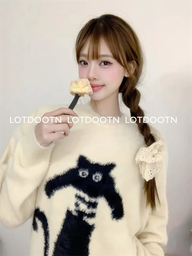 LOTDOOTN Harajuku Y2k Sweaters Women Kawaii Cat Streetwear Knitting Cartoon Soft Sweater Fashion College Loose Pullovers Female