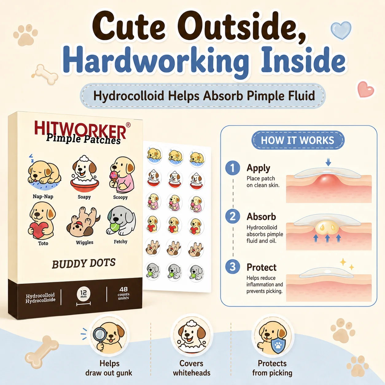 24/48/72Pcs High-Quality Hydrogel Cute Puppy Dog Acne Removing Patch, Alcohol-Free, Tasteless, Deep Cleaning Acne Removing Patch