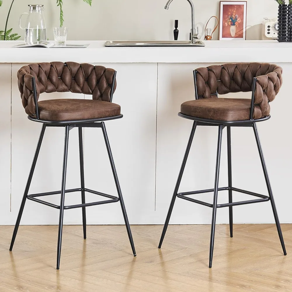 

30inch Bar Stools Set of 2,360° Swivel Counter Height Bar Stools, Suede Fabric Modern Stool Chairs with Woven Back and Footrest