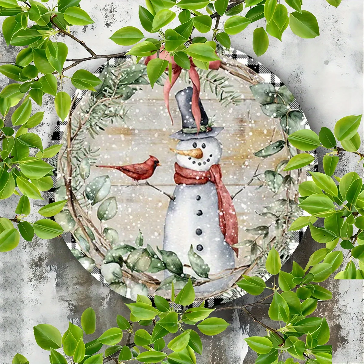 2D Flat, 1pc Rustic Iron Round Metal Sign - Snowman & Cardinal Winter Wreath Design with Checkered Border, Door Hanging Holiday