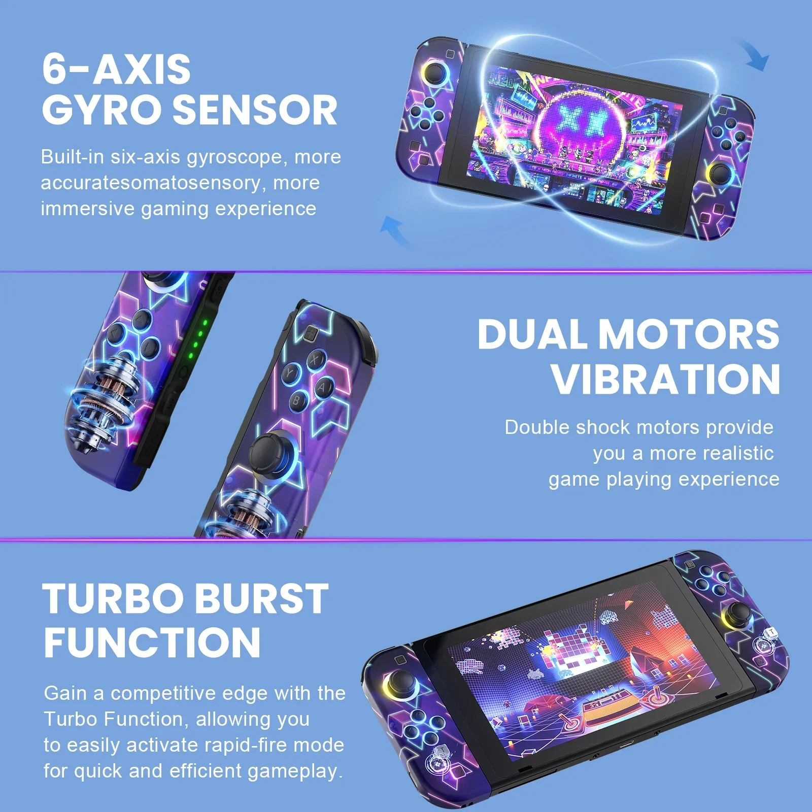 Джойстик для Nintendo Switch/OLED/Lite - вибрация Turbo Wake-up FUNC без дрейфа, беспроводной контроллер L/R, ручка RGB Light