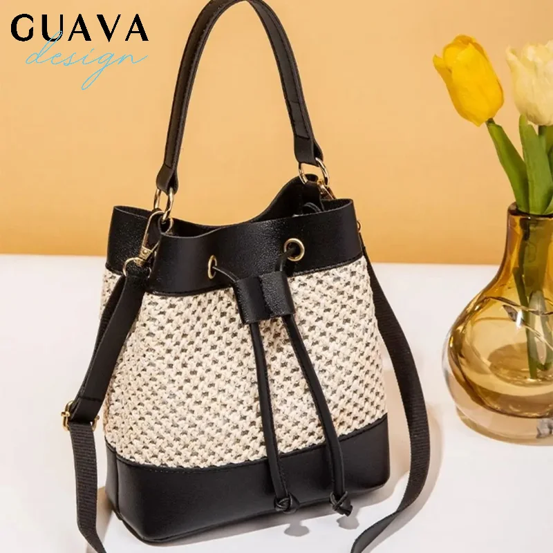 

Bundle Pocket Straw Crossbody Bag Commute Handbag Drawstring Bucket Bag Messenger Bag Large Capacity Beach Shoulder Bag Girls