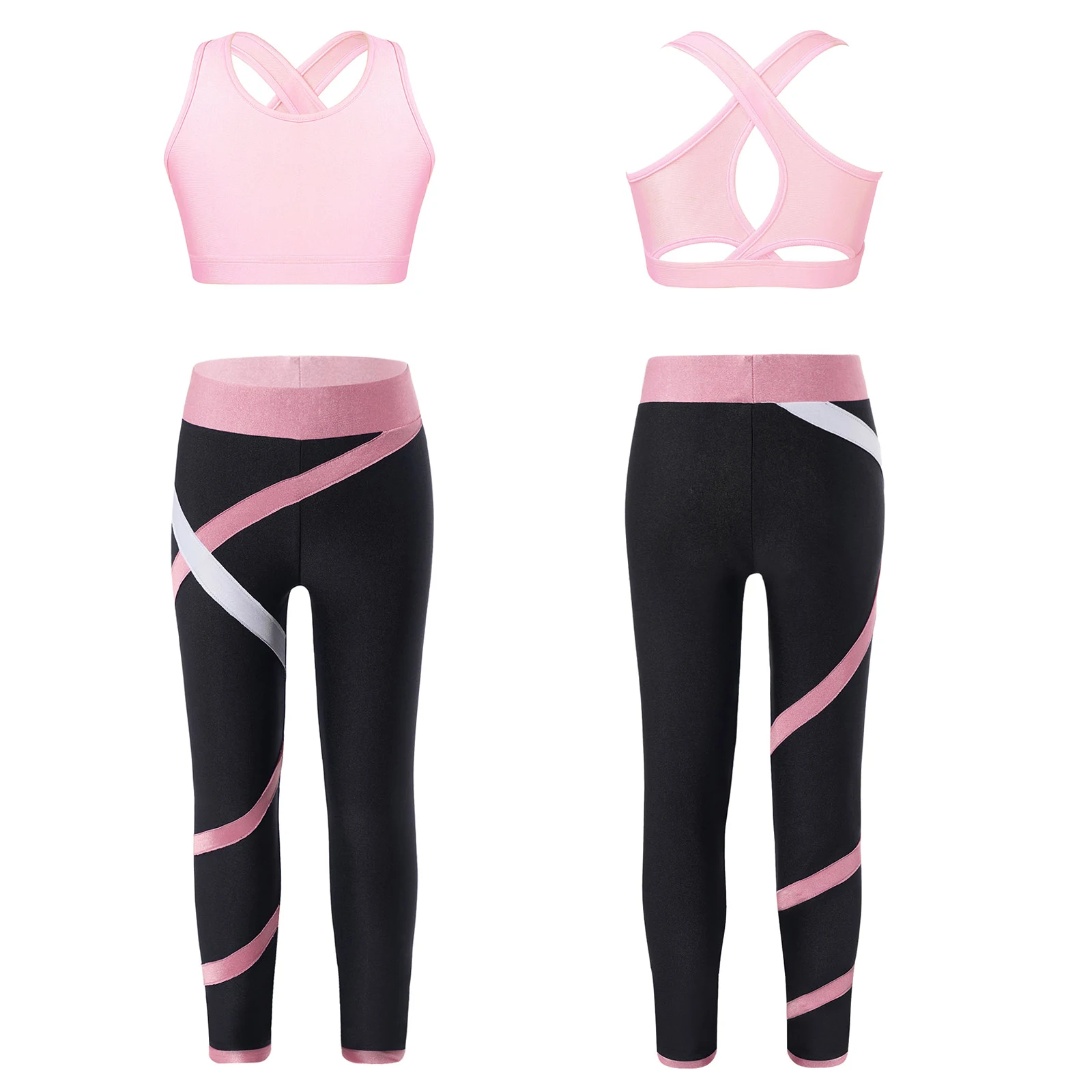 Children Girls Jogging Suit Sports Sets, Cross Shoulder Straps Crop Top with Leggings Yoga Fitness Outfit Running Tracksuits