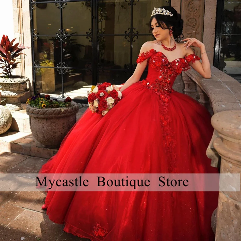 Elegant Red Lace Ball Gown Quinceanera Dresses 2023 With Off Shoulder Appliques Crystals Sweet 16 Dress Vestido De Princesa