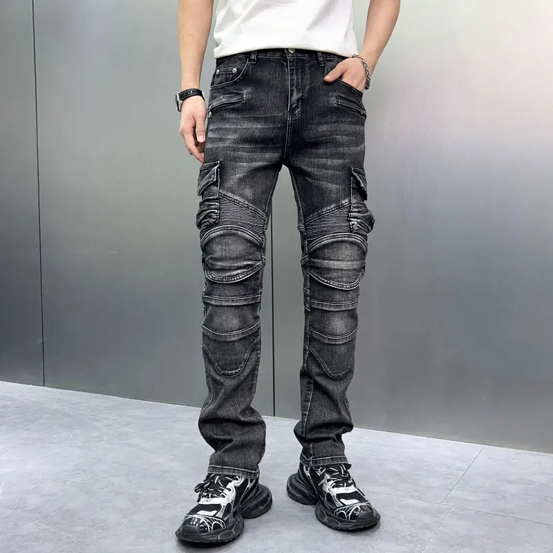 High Street Fashion Men Jeans Retro Black Gray Stretch Slim Fit Spliced Biker Jeans Multi Pockets Hip Hop Denim Pants Men Flares