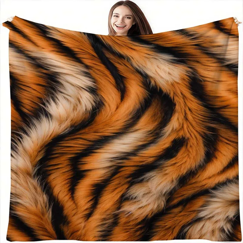 Tiger Stripe Fur Pattern Blanket, 120-230cm, Creative Themed Design, Thickened, Ultra-Soft Flannel Material, 2026 Trendy Ins-Sty