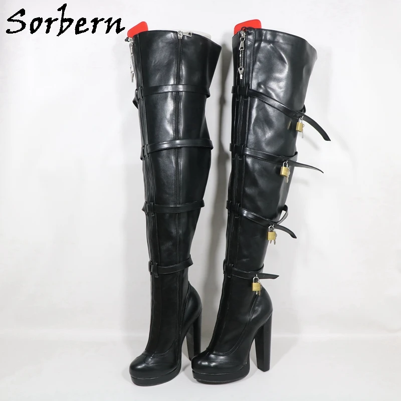 

Женские сапоги до середины бедра Sorbern с несколькими ремнями и замками, на платформе и высоком каблуке, с запираемыми молниями, широкая посадка на заказ