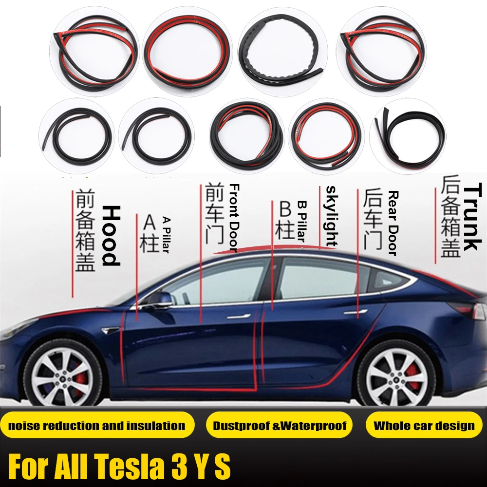 For Tesla Model 3 Y Car Door Seal Strip Kit Soundproof EPDM Rubber Weatherstrip Auto Trunk Hood Dashboard A B Pillar Sealing Set