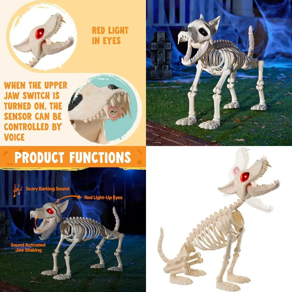 

34 Animated LED Eye Skeleton Dog, Auto-Chin Movement, Posable Joints for Indoor/Outdoor Halloween Decor