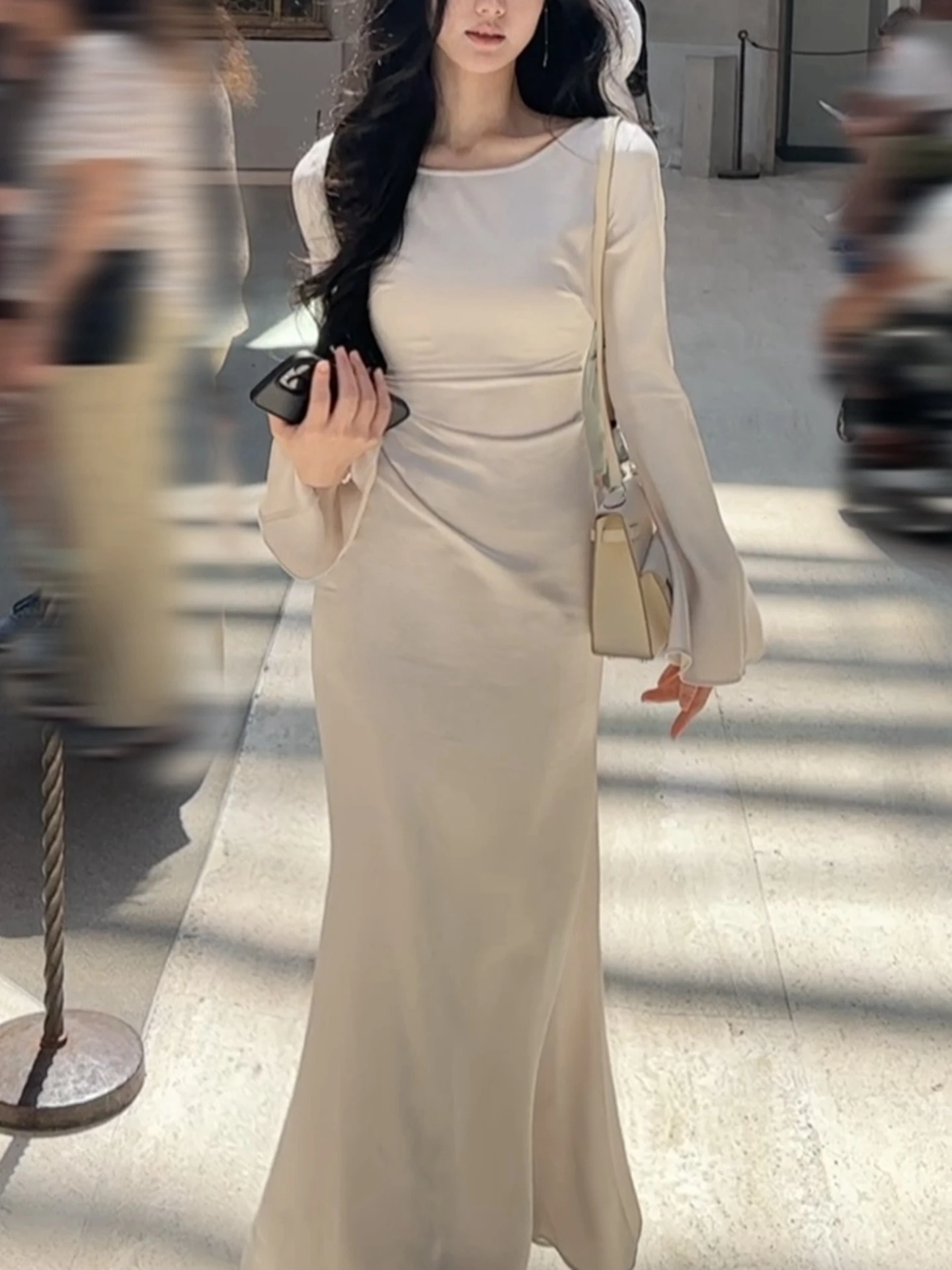 Ethereal Satin Slip Dr with Tapered Sves And Waist-Cinching Flare Fene A-Line Tea-Length Gown for Early Autumn Or W...