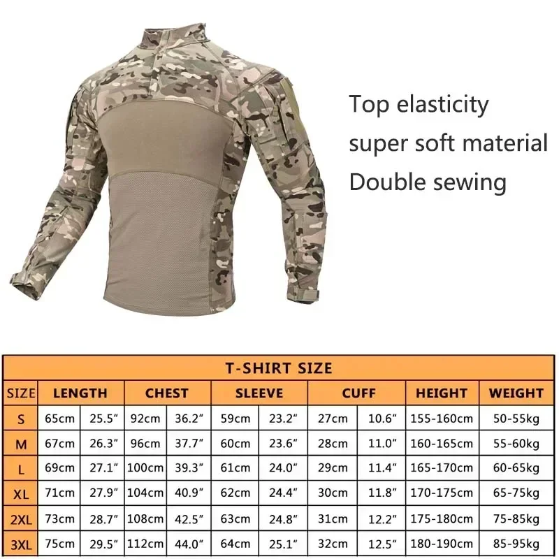 Outdoor Tactical Shirts Men Long Sleeve Tops Combat Shirt Camo 1/4 Zipper Ripstop Elasticity Hiking T-shirts Hunting Clothes