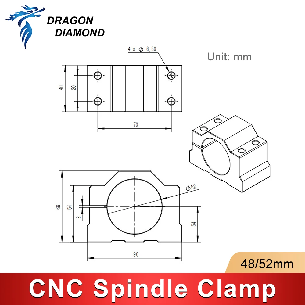 Aluminium CNC Spindle Clamp Holder Inner Diameter 48mm 52mm Z Axis Router Mount Bracket 800W 1.5KW 2.2KW Spindle Fixture