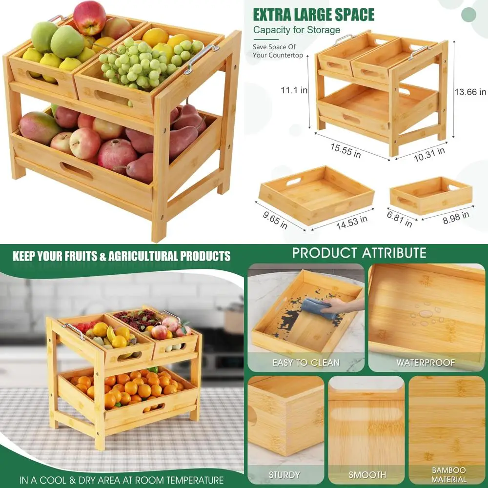 

Two-Tier Bamboo Fruit Basket Stand - Kitchen Countertop Fruit Holder - Ideal for Bread and Vegetables Storage