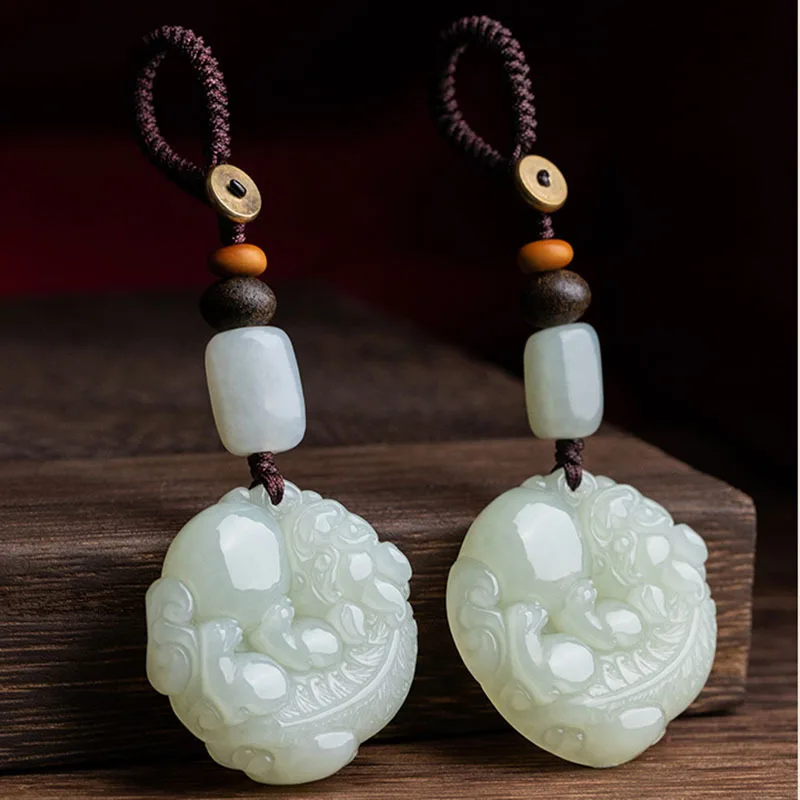 Hetian Jade Holding Ball Car Key Pendant Pixiu Keychain Gift For Men And Women Bag Chamrs Safe Amulet Bag Chamrs