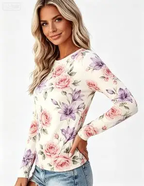 Women Long Sleeve T‑Shirt Watercolor Rose Hydrangea Floral Print Crew Neck Loose Casual Daily Tops