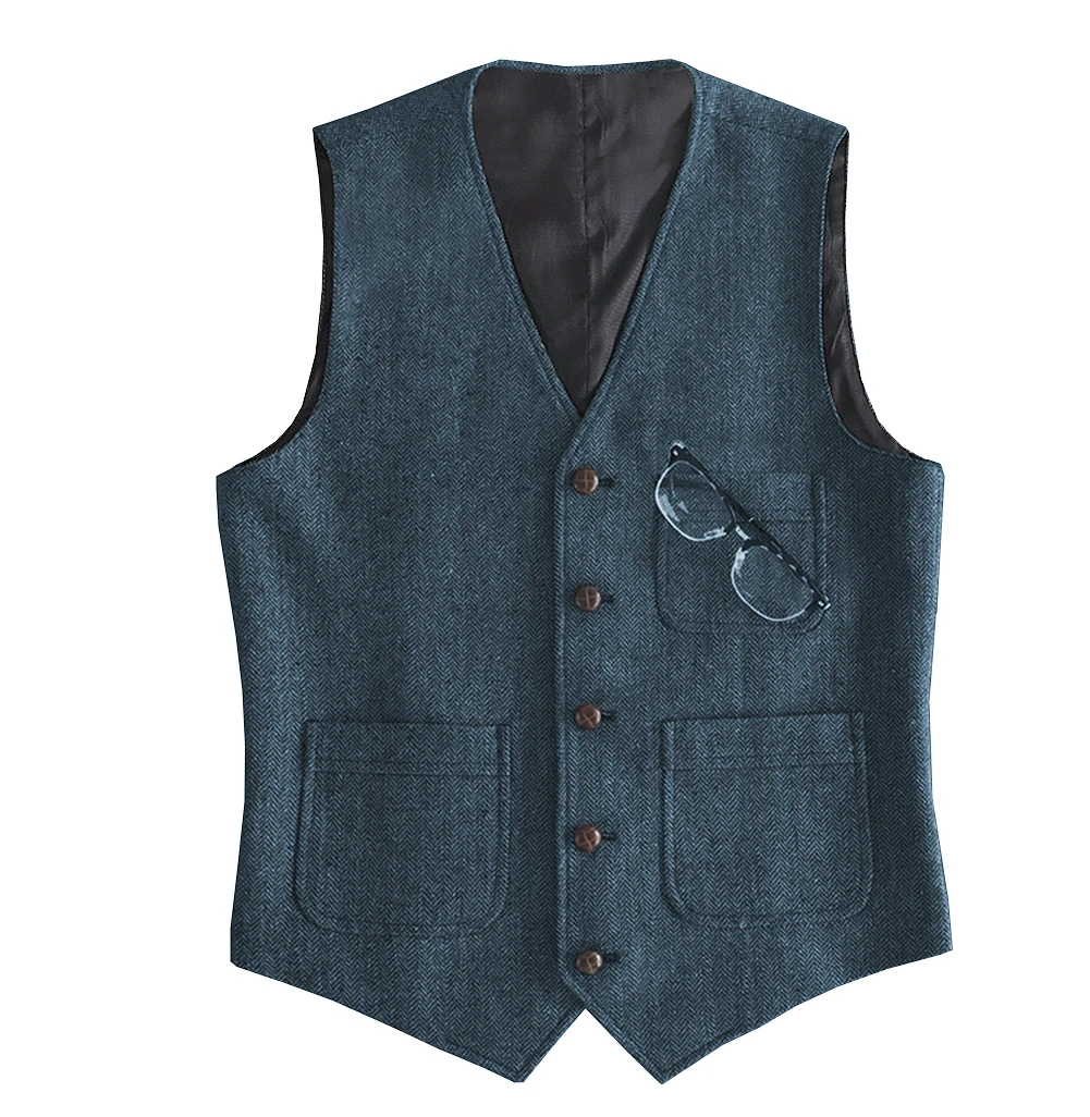 Casual Men's Slim Fit Suit Vest Herringbone V-Neck Flat Business Fashion Waistcoat Prom Dress Vest Groomsmen For Wedding V006