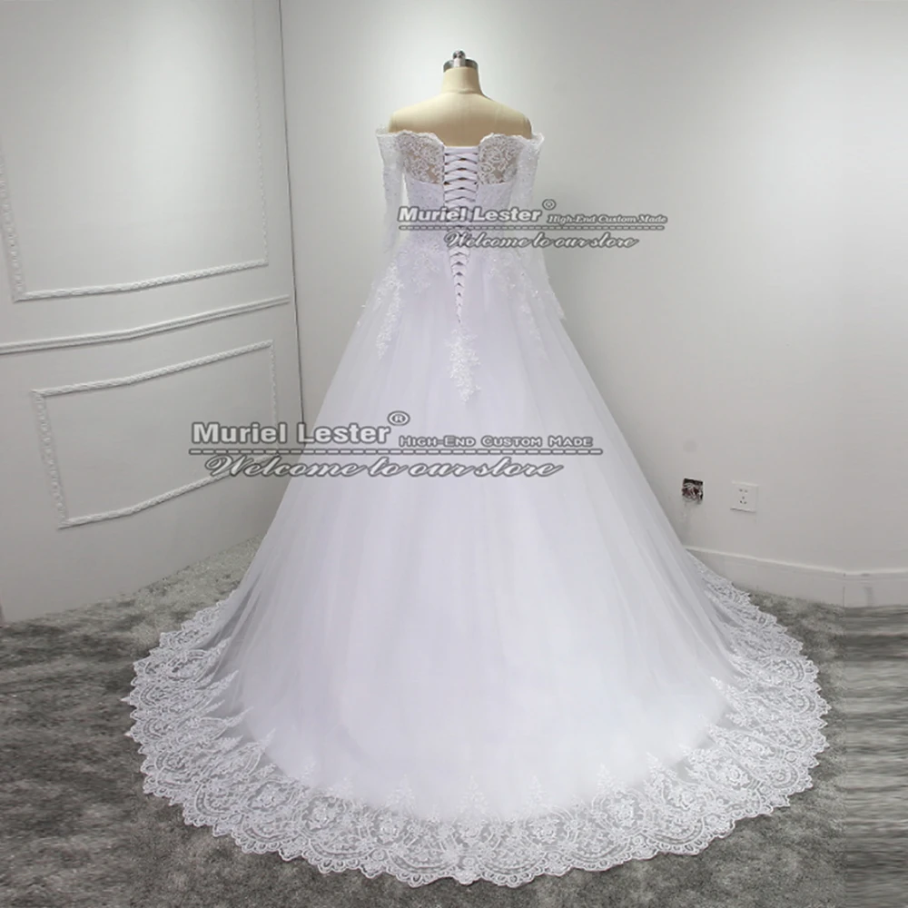 Robe de mariée blanche ligne A pour femme, photo réelle, appliques à manches longues, perles, patients formels, tout ce qui est sur mesure, robe à lacets dans le dos