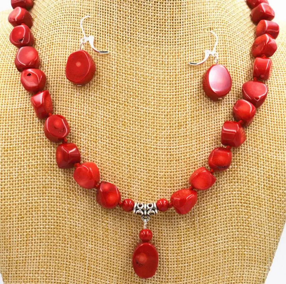 

Charming! Amazing Red Coral Gemstone Necklace +egg-shaped pendant + earring 18 inch