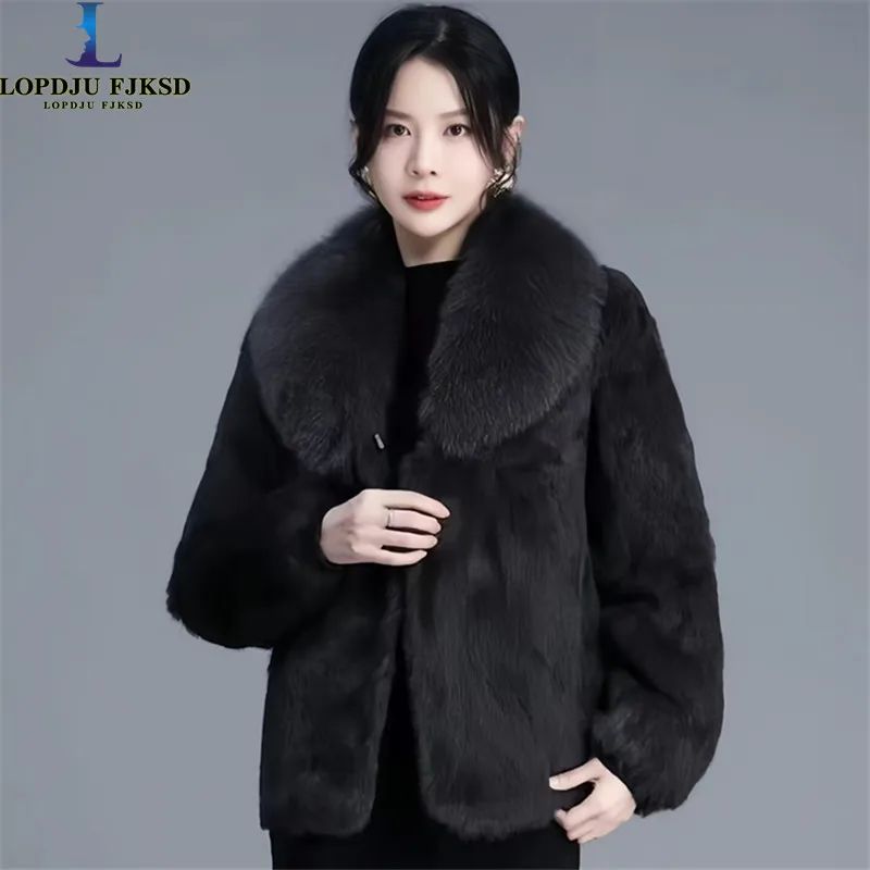 Real Rabbit Fur Coat Women Autumn Winter Short Jacket Thick Warm New Fashion Fox Fur Collar Elegant Female Warm Outerwear