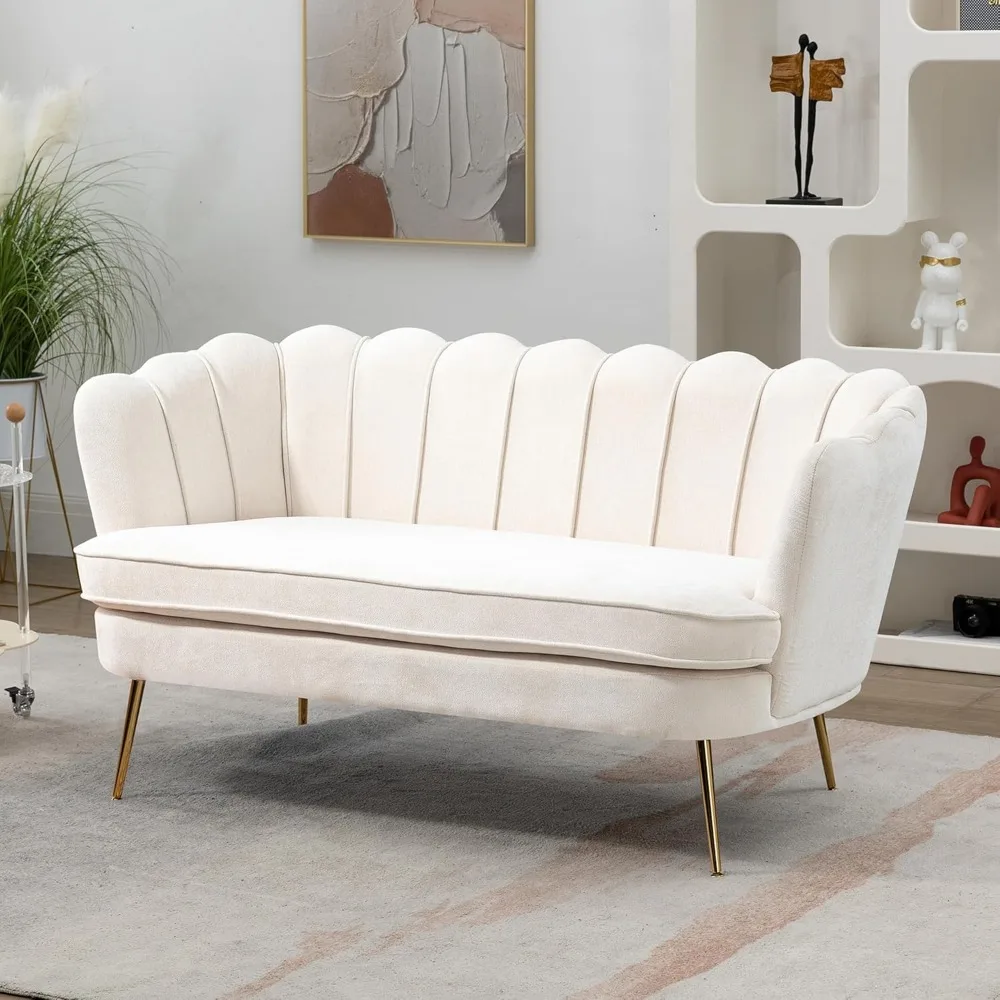59” small modern chenille loveseat sofa, 2-seater sofa with gold metal legs, small couch with flower shaped back for living room
