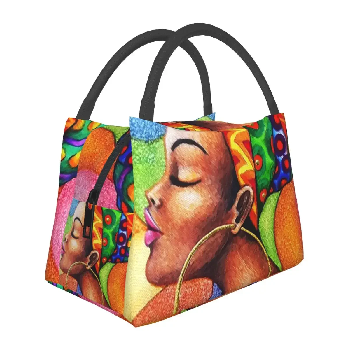 African Woman With Wax Traditional Fabric Lunch Bags Bento Box Resuable Lunch Tote Picnic Bags Thermal Bag for Woman Work