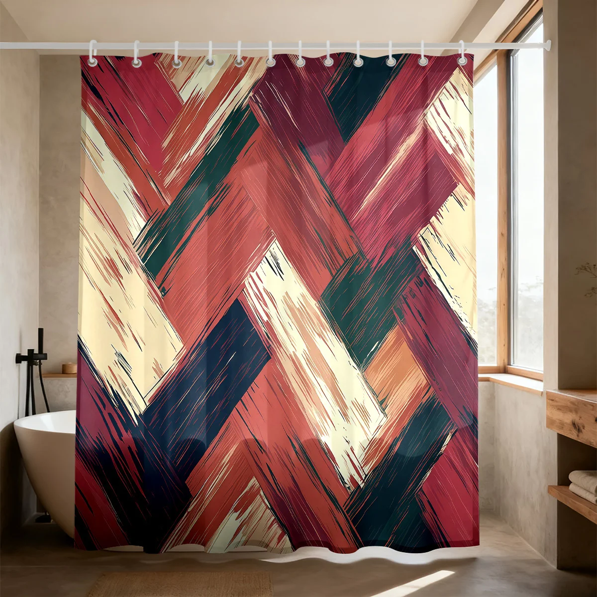 Stylish Retro Abstract Painting Diagonal Color Block Brush Stroke Bath curtain Comfortable Warm t Indoor Outdoor
