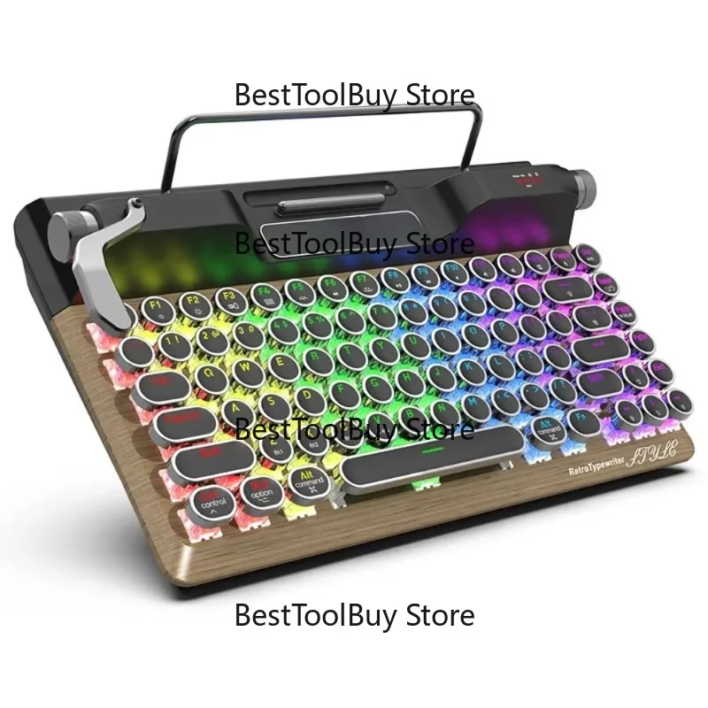 Retro Typewriter Keyboard with  Luminous Three Connection Modes Retro Punk Round Key Keyboard for Desktop/Laptop