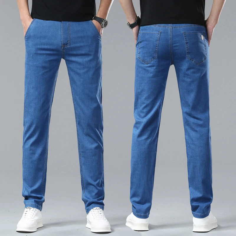 Men's Ice Silk Denim Pants Summer New Lyocell Thin Business Casual Jeans Outdoor All Match Slim Fit Straight Elastic Jean Male