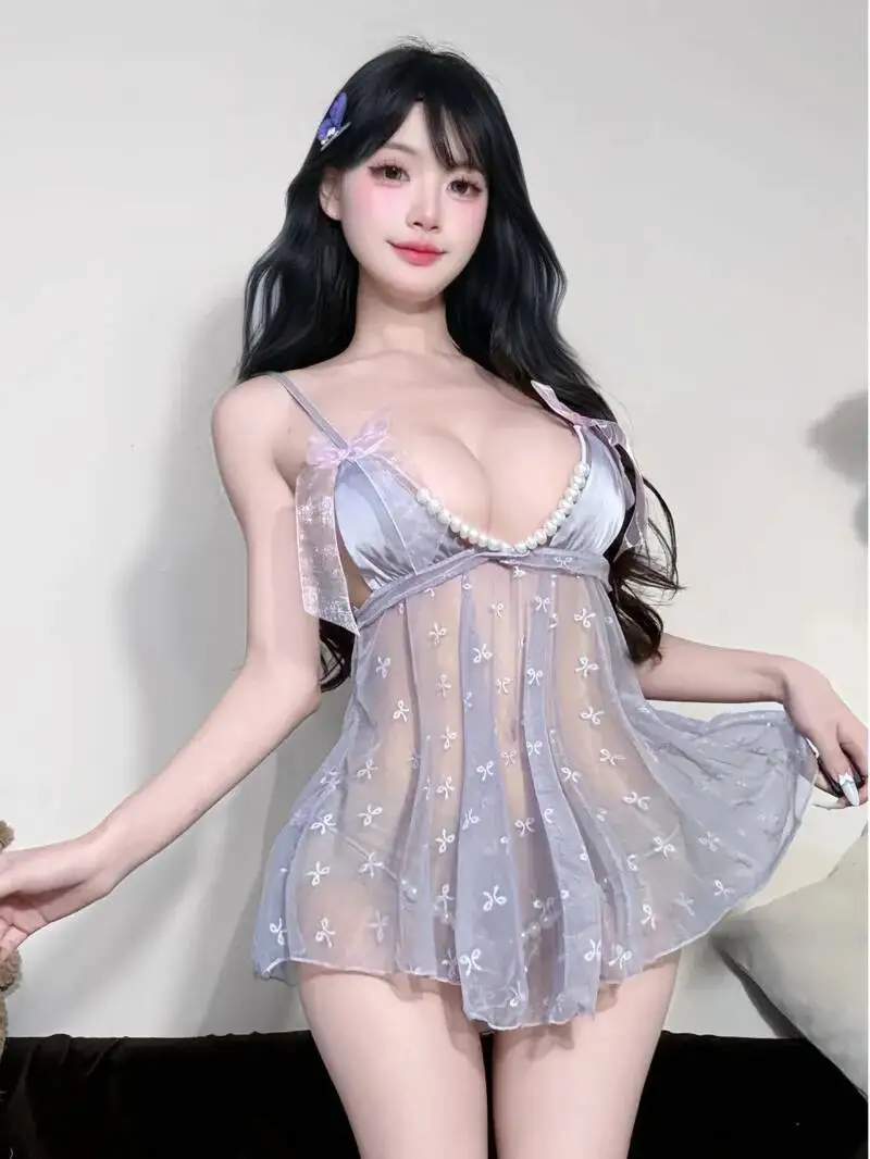 Lingerie sexy puro desejo pérola cinta camisola sexy renda pequeno peito uniforme pijamas vestido elegante mini vestido de malha pura ja3l