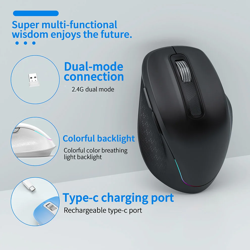 Portable 2.4G/BT5.0 Wireless Gaming Mouse 3 Levels Adjustable DPI RGB Backlit Type-C Fast Charging For Competitive Gamer Tools