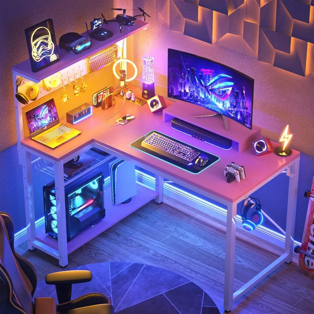 Small Gaming Desk with Power Outlets Pegboard LED Light, 43 Inch L Shaped Computer Desk with Monitor Stand Storage Shelves