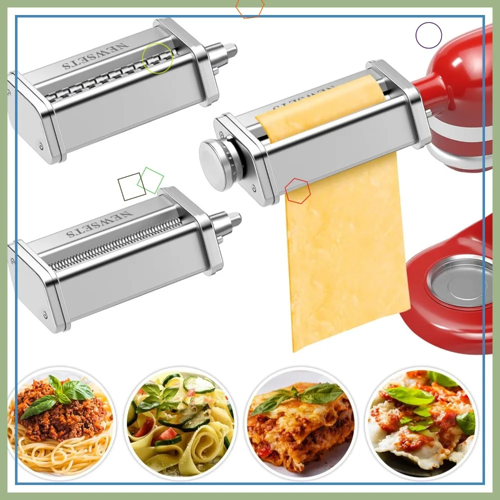 

3 PCS Pasta Maker Attachments for KitchenAid Stand Mixers, Roller & Cutter Set, Stainless Steel