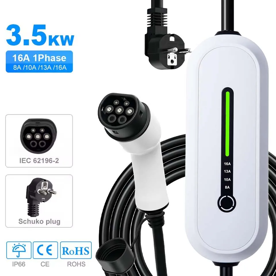 Draagbare Schuko draagbare Wallbox Type 2/ Type1/GBT EV-oplader voor alle elektrische voertuigen en plug-in hybride auto's 3,5kW 16A