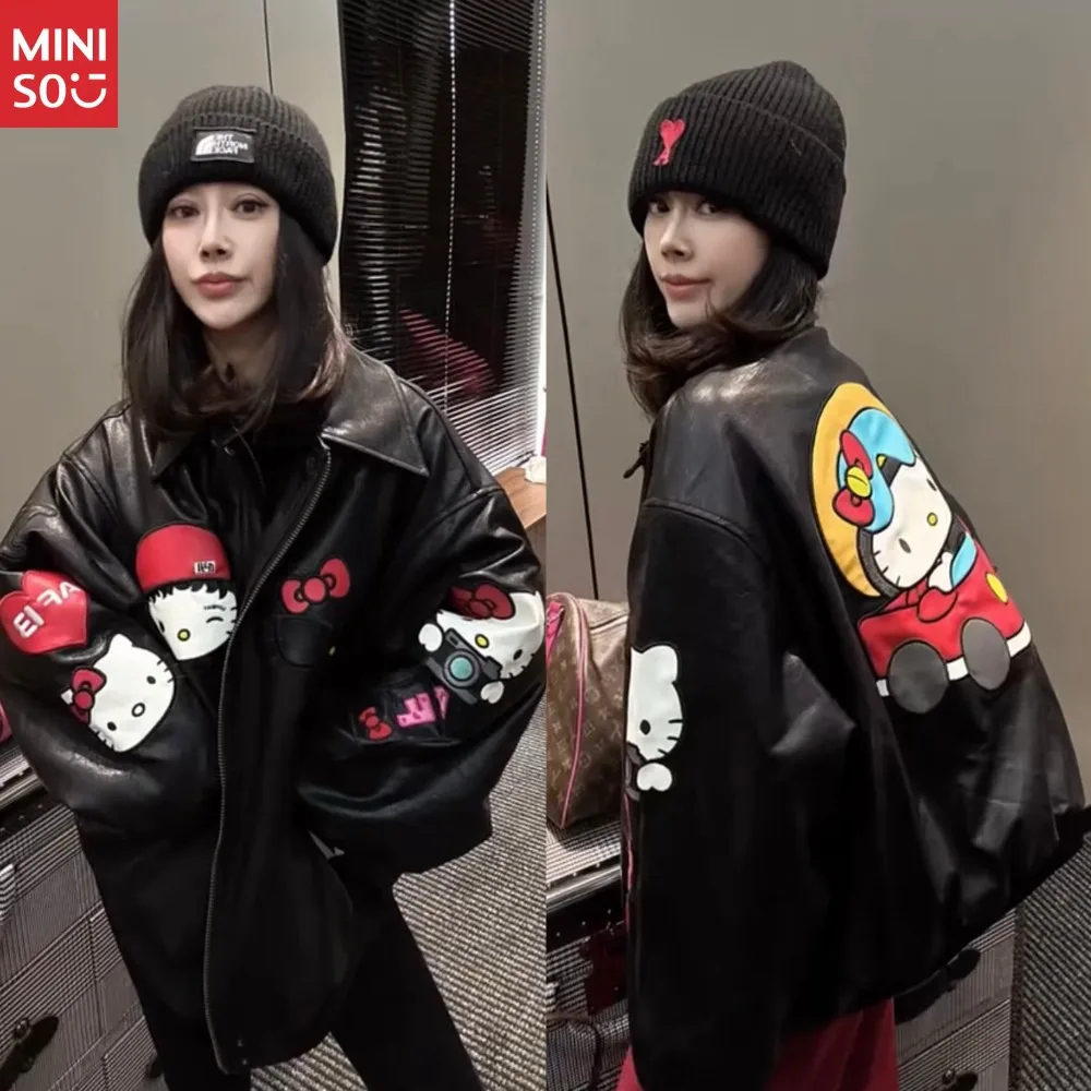 

Disney 2025 осенне-зимняя свободная модная черная кожаная куртка с вышивкой «Hello Kitty» в тон, женская куртка