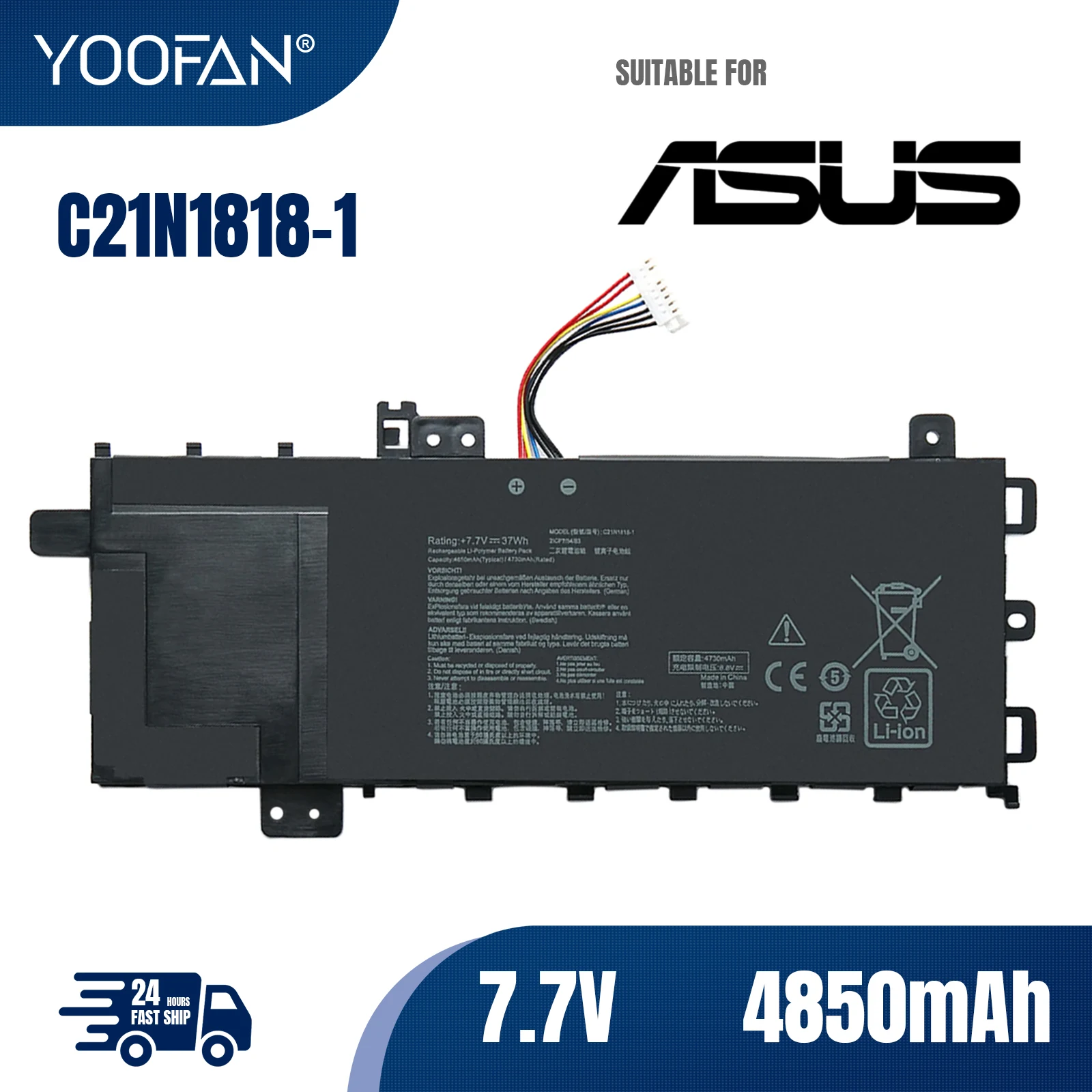 YOOFAN 7.7V 37WH C21N1818-1 Laptop Battery For ASUS VivoBook 14 X412 X409FA VivoBook 15 M509DA X509UA F509FA A409UA 2ICP7/54