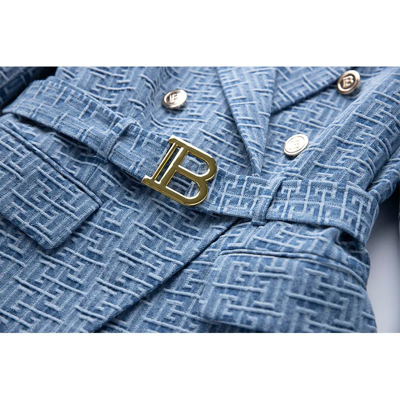 2024 Elegant Women\'s Blazers Spring Autumn Denim Jacquard Jacket Ladies Gold Button Slim-fit Suit Women Smart Commuter