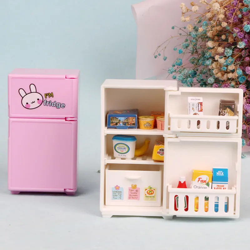 Mini Double Door Refrigerator Girl Toys Miniature Kitchen Furniture Accessories for Barbie Dolls & Kids Play Food Games