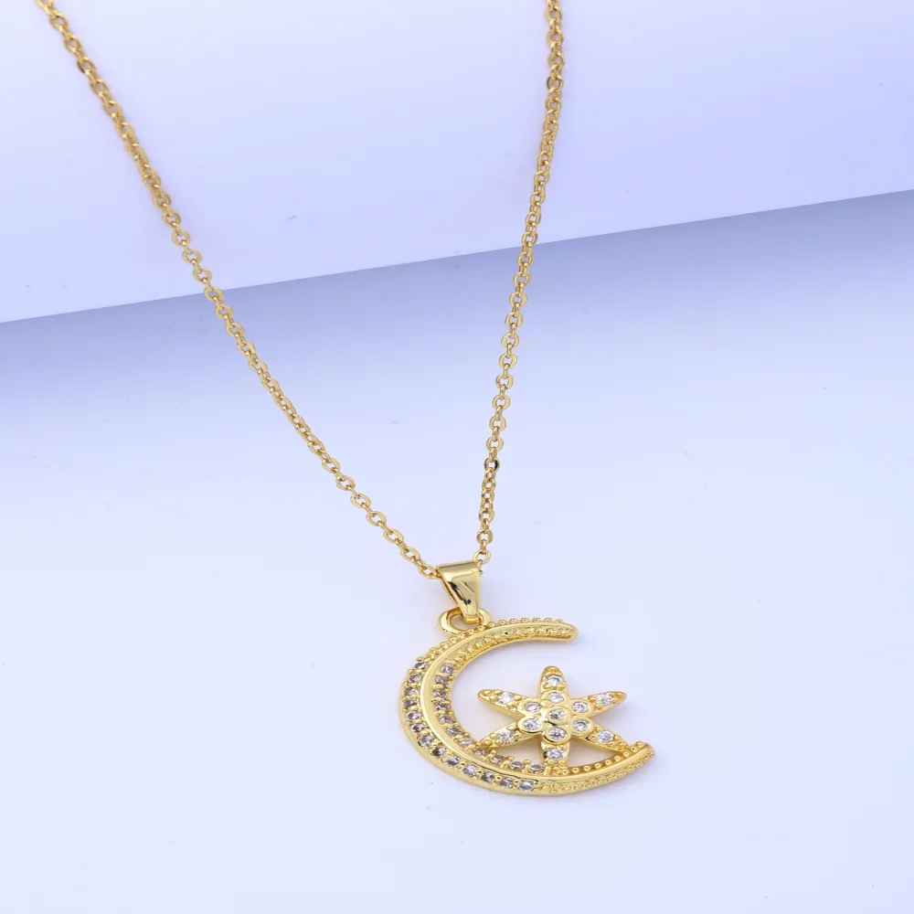 Beautiful Necklace for Women, Cross-Border Copper Micro-Inlaid Moon and Six-Pointed Star Design, Titanium Steel Fade-Resistant w