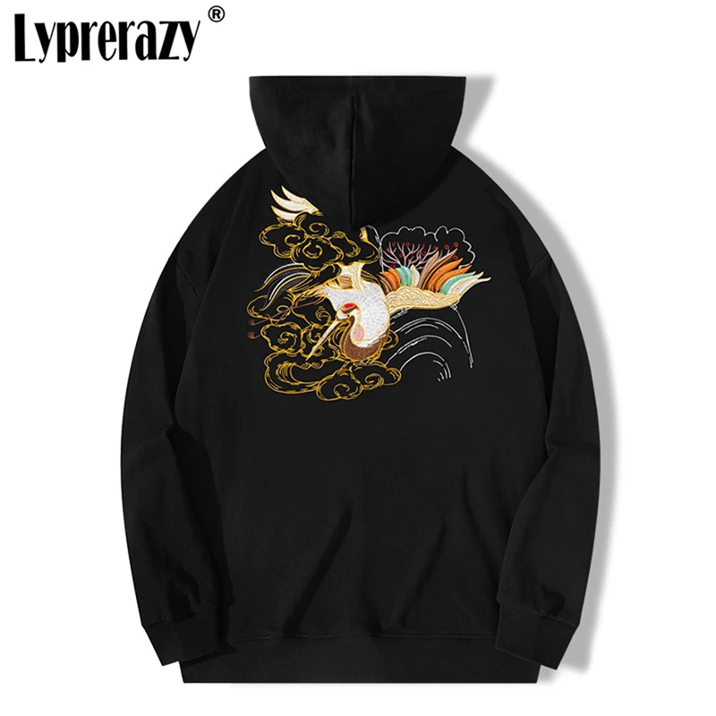 

Lyprerazy National Tide Crane Embroidery Chinese Style Men Hoodies Sweatshirts Casual Streetwear Pullover Hooded