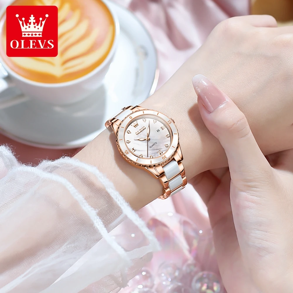 OLEVS-Relógio de Cerâmica Impermeável Feminino, Quartzo, Ouro Rosa, Diamante, Calendário, Elegante, Marca de Luxo, Novo, 9985