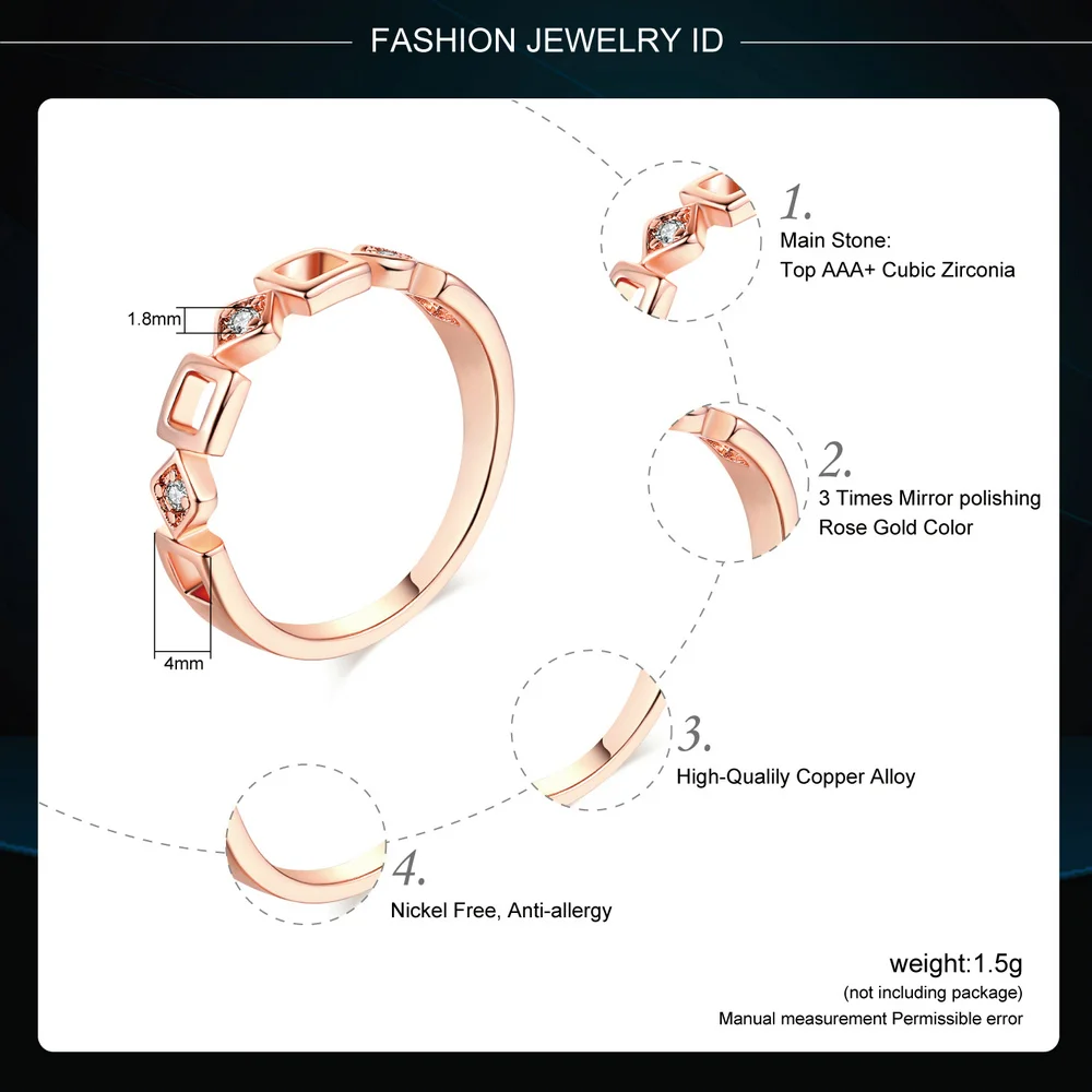 Casual Style Rose Gold Color Cubic Zirconia Geometric Finger Rings Fashion Wedding Jewelry For Women Girls Party DWR197