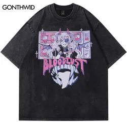 Vintage Punk T-Shirt Hip Hop Japanese Anime Cartoon Devil Girl Teeth Graphic Print Washed Tshirt Harajuku Gothic Oversized Tops