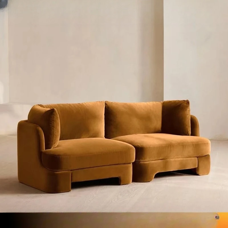 

Wabi Sansan wind caramel flannel sofa B & B living room advanced sense double three straight row fabric sofa factory direct sale