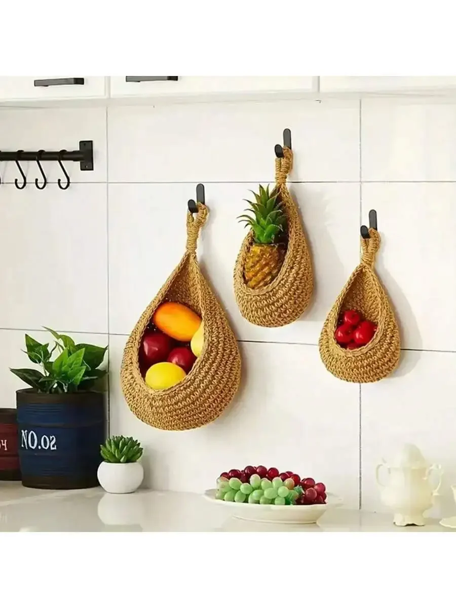1pc Bohemian Style Woven Hanging Basket, Teardrop Shaped, Great For Storing Vegetables And Fruits, Kitchen Storage