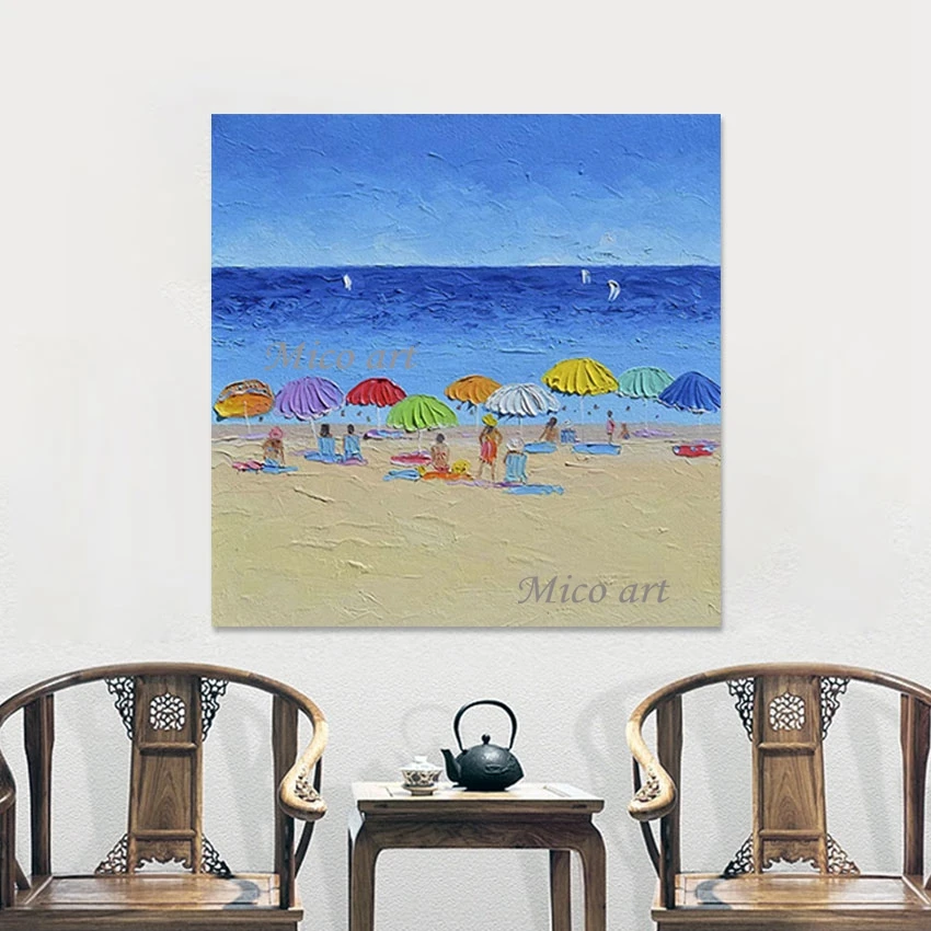 Seascape Wall Poster Frameless Acrylic Textured Decor 3d Beach Figure Art Scenery Paintings,Abstract Canvas Handmade Picture