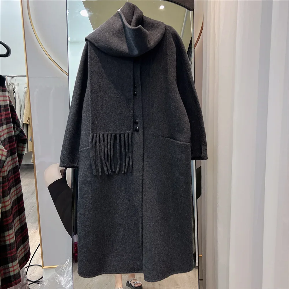 SuperAen 2025 Winter New O-neck Scarf Double-sided Cashmere Coat Women Korean Style Long Fashion Thickened Wool Coat